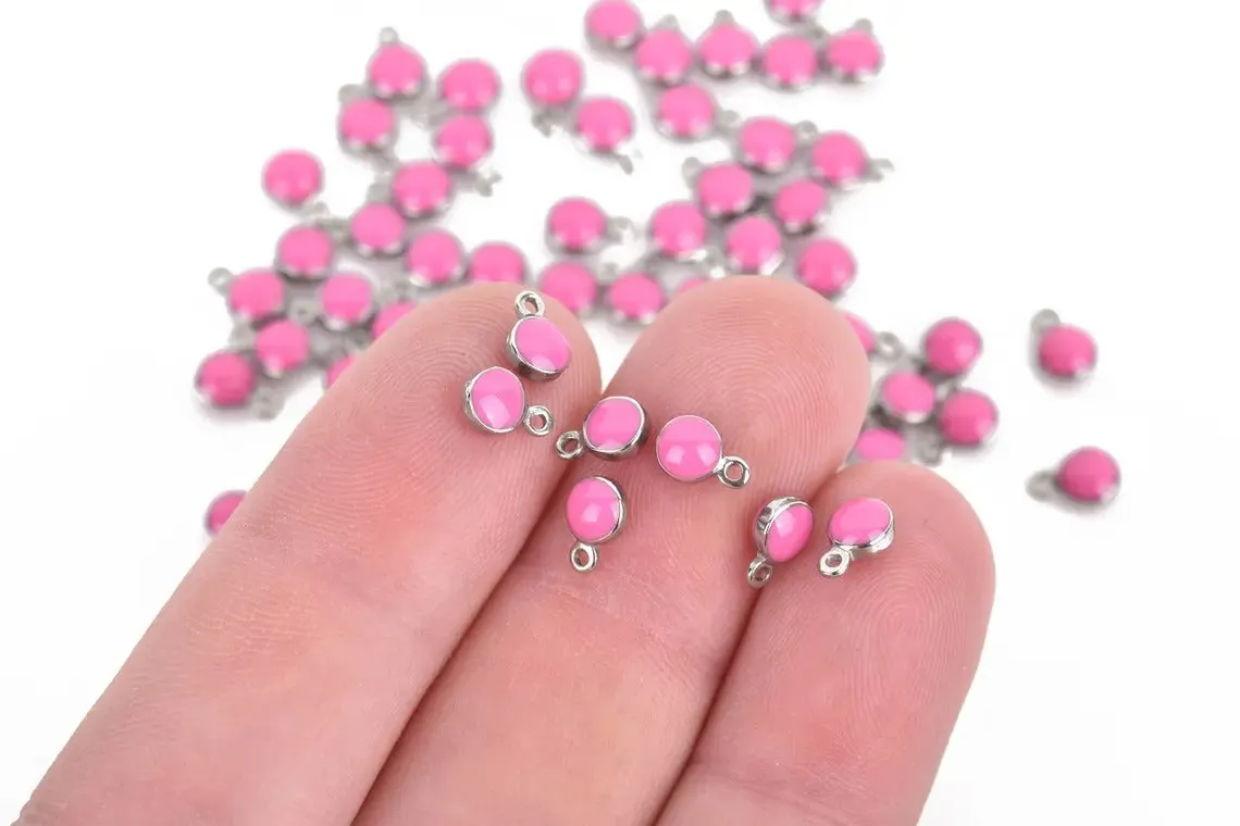 10 HOT PINK Drop Charms, 5mm Stainless Steel Bezel and Enamel Dot Charms chs3160