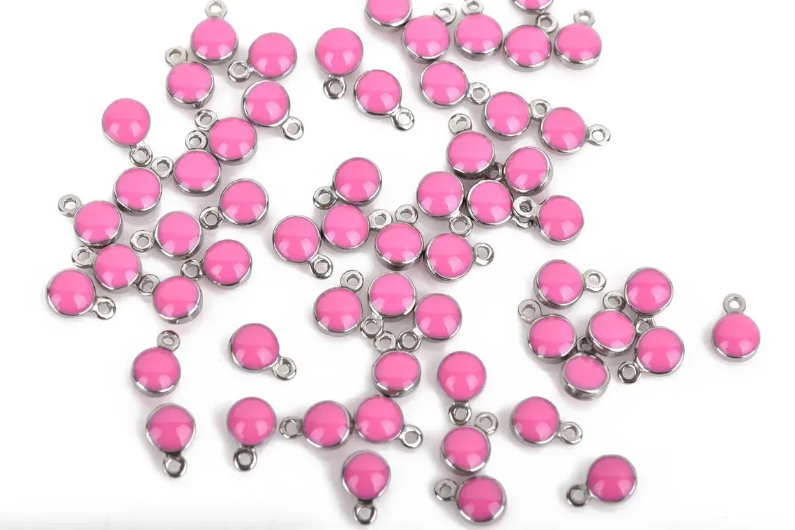 10 HOT PINK Drop Charms, 5mm Stainless Steel Bezel and Enamel Dot Charms chs3160