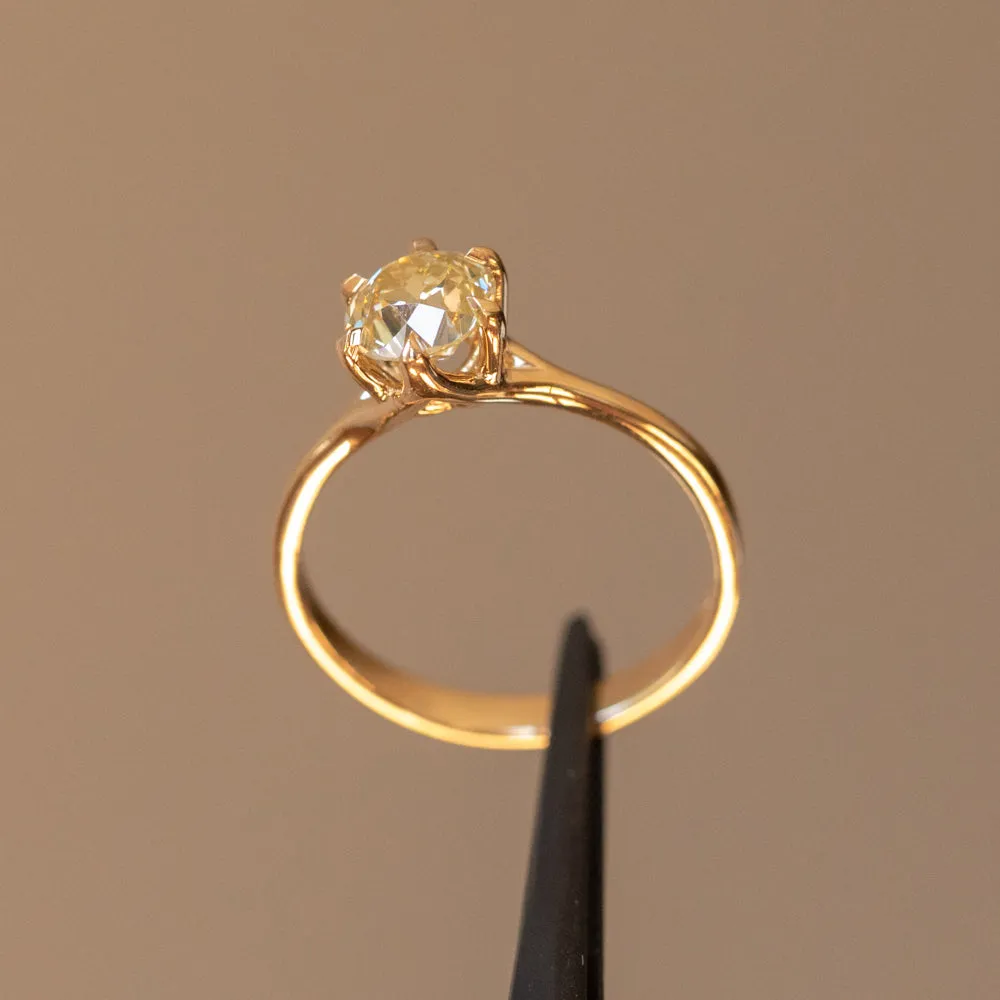 1.02ct Light Champagne Old European Cut Diamond Six Prong Split Shank Ring in 14k Yellow Gold