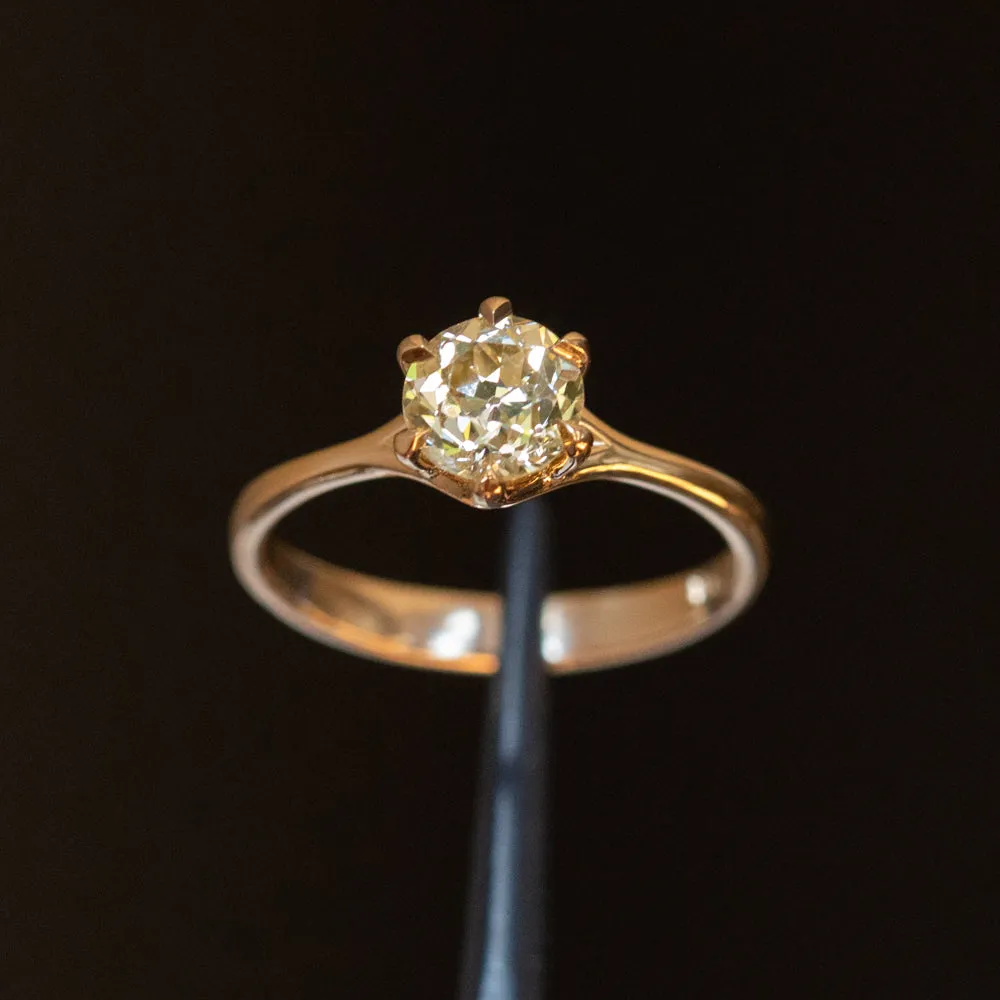 1.02ct Light Champagne Old European Cut Diamond Six Prong Split Shank Ring in 14k Yellow Gold