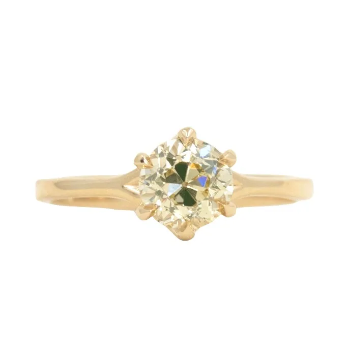 1.02ct Light Champagne Old European Cut Diamond Six Prong Split Shank Ring in 14k Yellow Gold