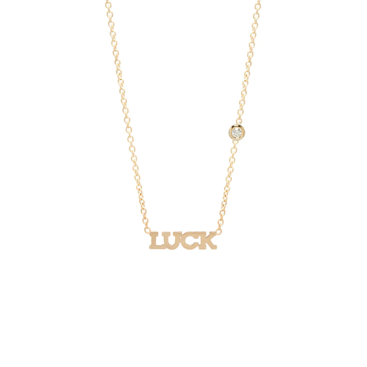 14k itty bitty LUCK necklace with floating diamond - SALE