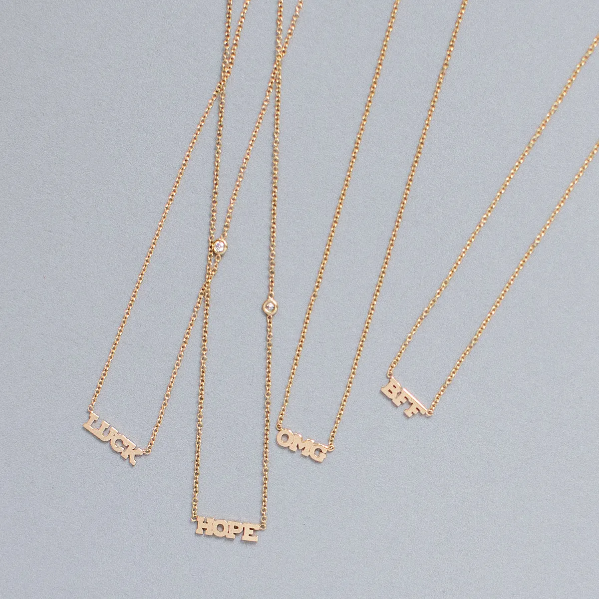 14k itty bitty LUCK necklace with floating diamond - SALE