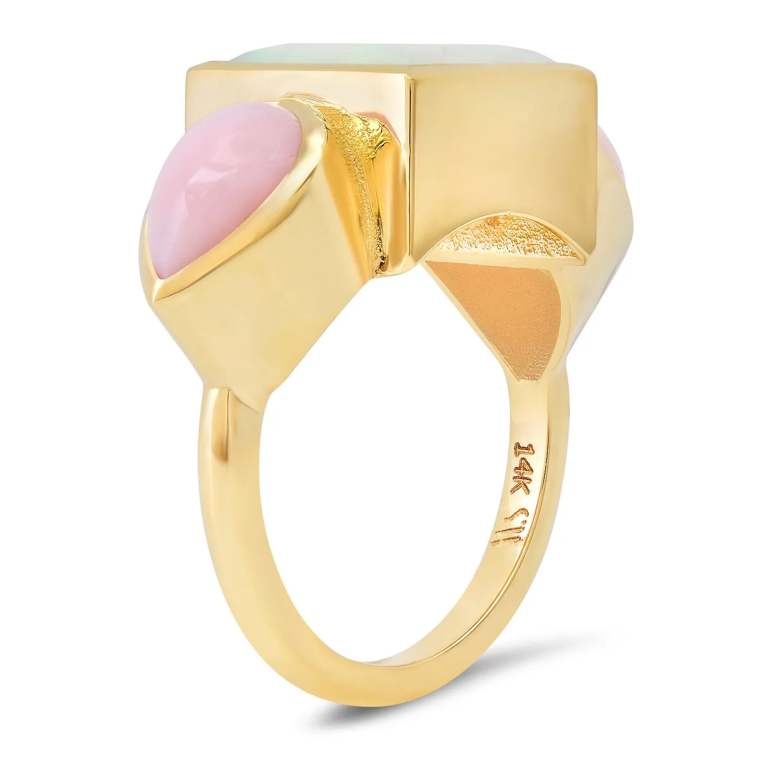 14K YG Ethiopian Opal and Pink Opal Trilogy Ring