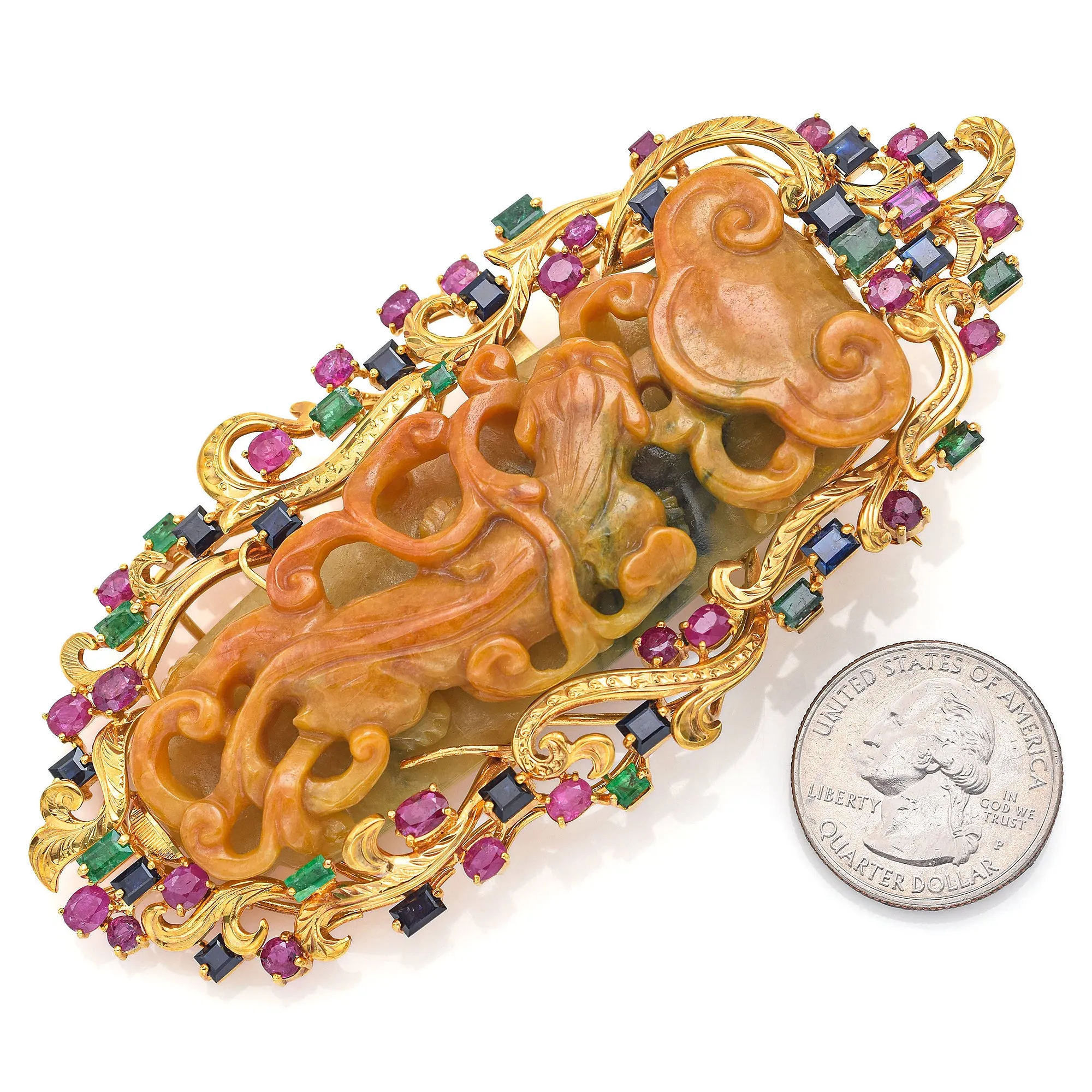 $15,000 Appraised 14K Gold Jadeite Jade, Ruby, Sapphire & Emerald Brooch Pin