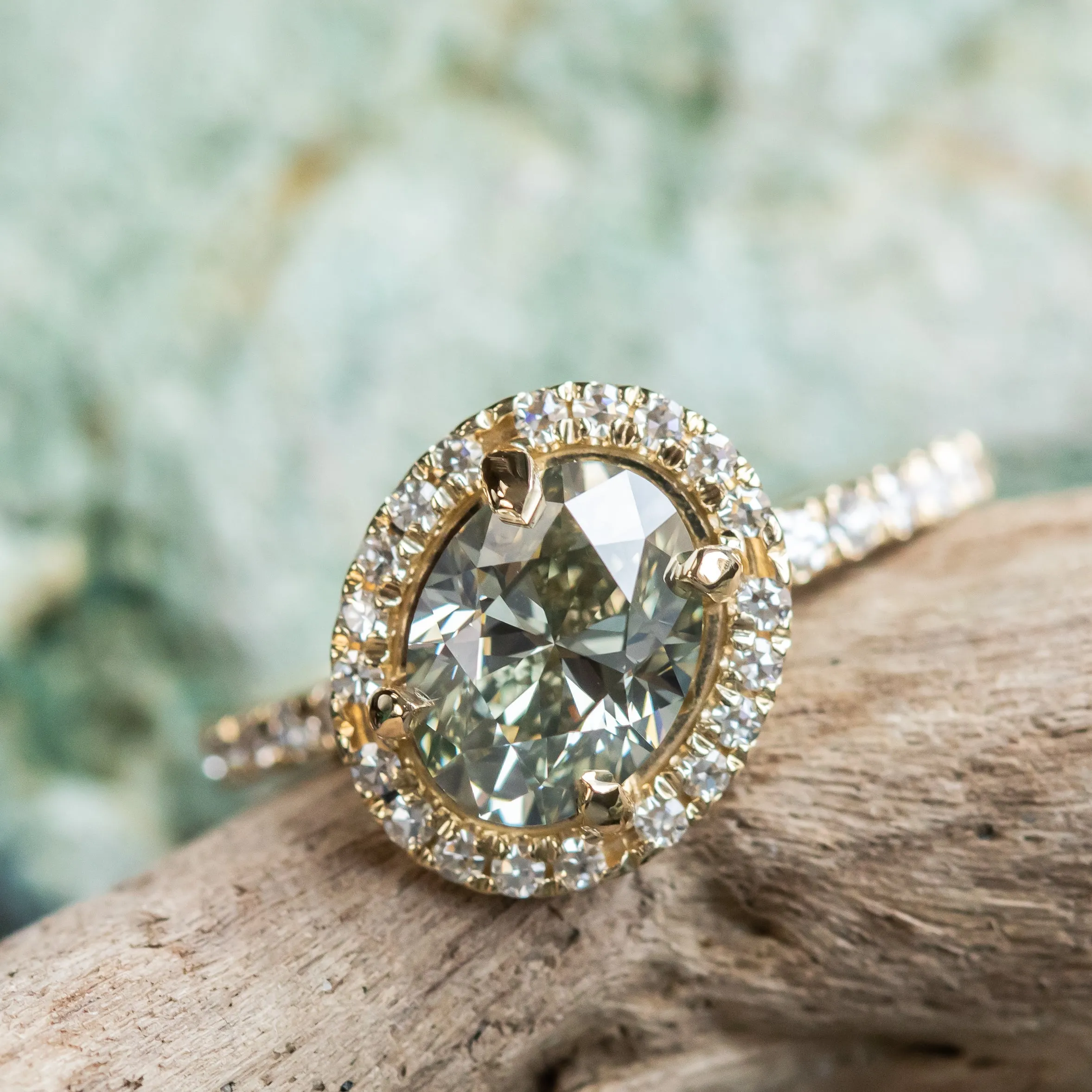 1.70ct Fancy Oval Grey Diamond and Askew Diamond Halo in 14K Yellow Gold