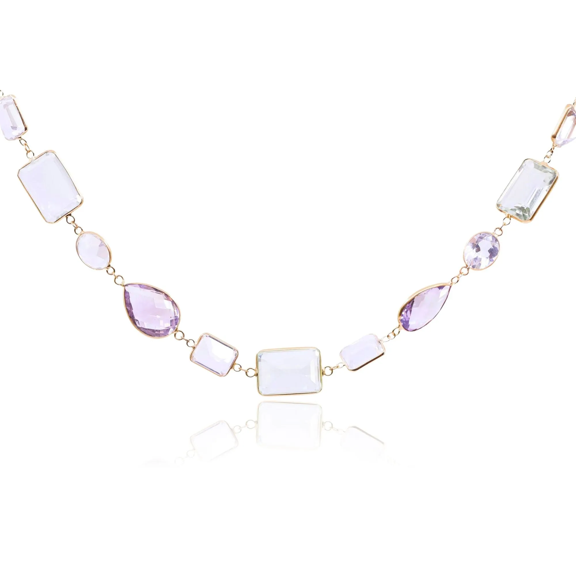 18K YELLOW. GOLD 40-INCH MULTI-SHAPE AMETHYST, PRASIOLITE AND ROCK CRYSTAL BEZEL CHAIN NECKLACE