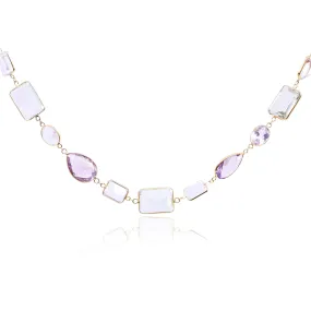 18K YELLOW. GOLD 40-INCH MULTI-SHAPE AMETHYST, PRASIOLITE AND ROCK CRYSTAL BEZEL CHAIN NECKLACE