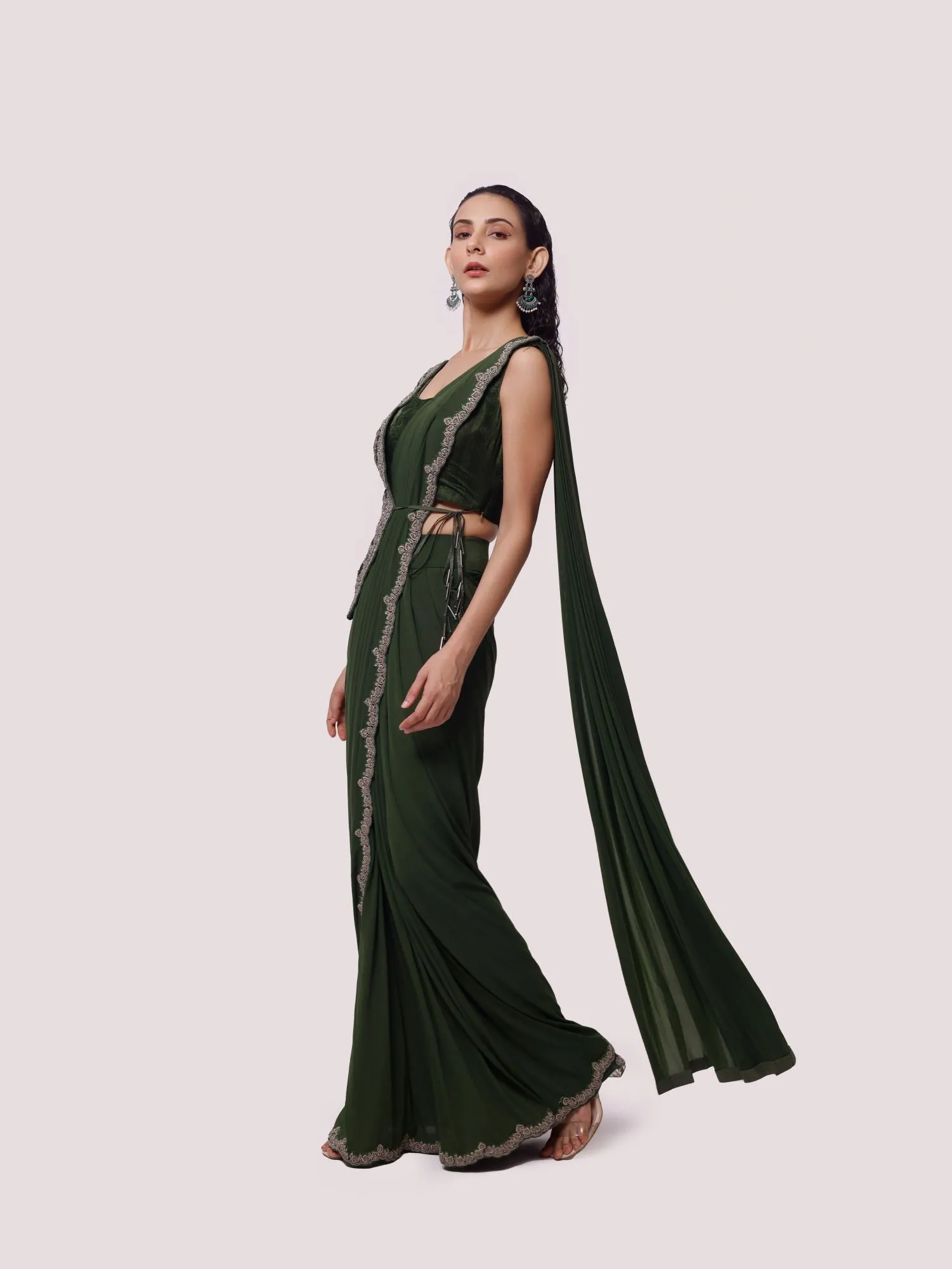 90Z866-RO Olive Green Embroidered Pre Stiched Saree Set