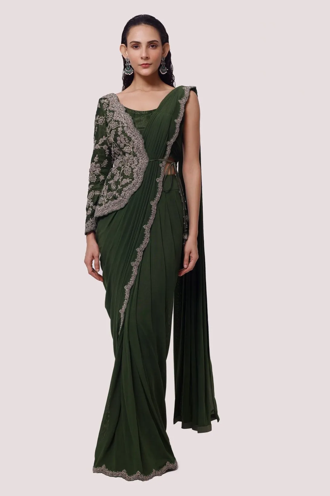 90Z866-RO Olive Green Embroidered Pre Stiched Saree Set