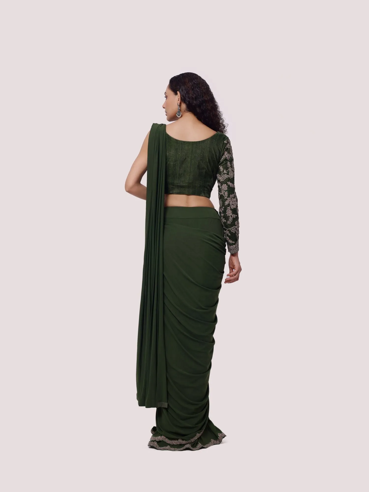 90Z866-RO Olive Green Embroidered Pre Stiched Saree Set