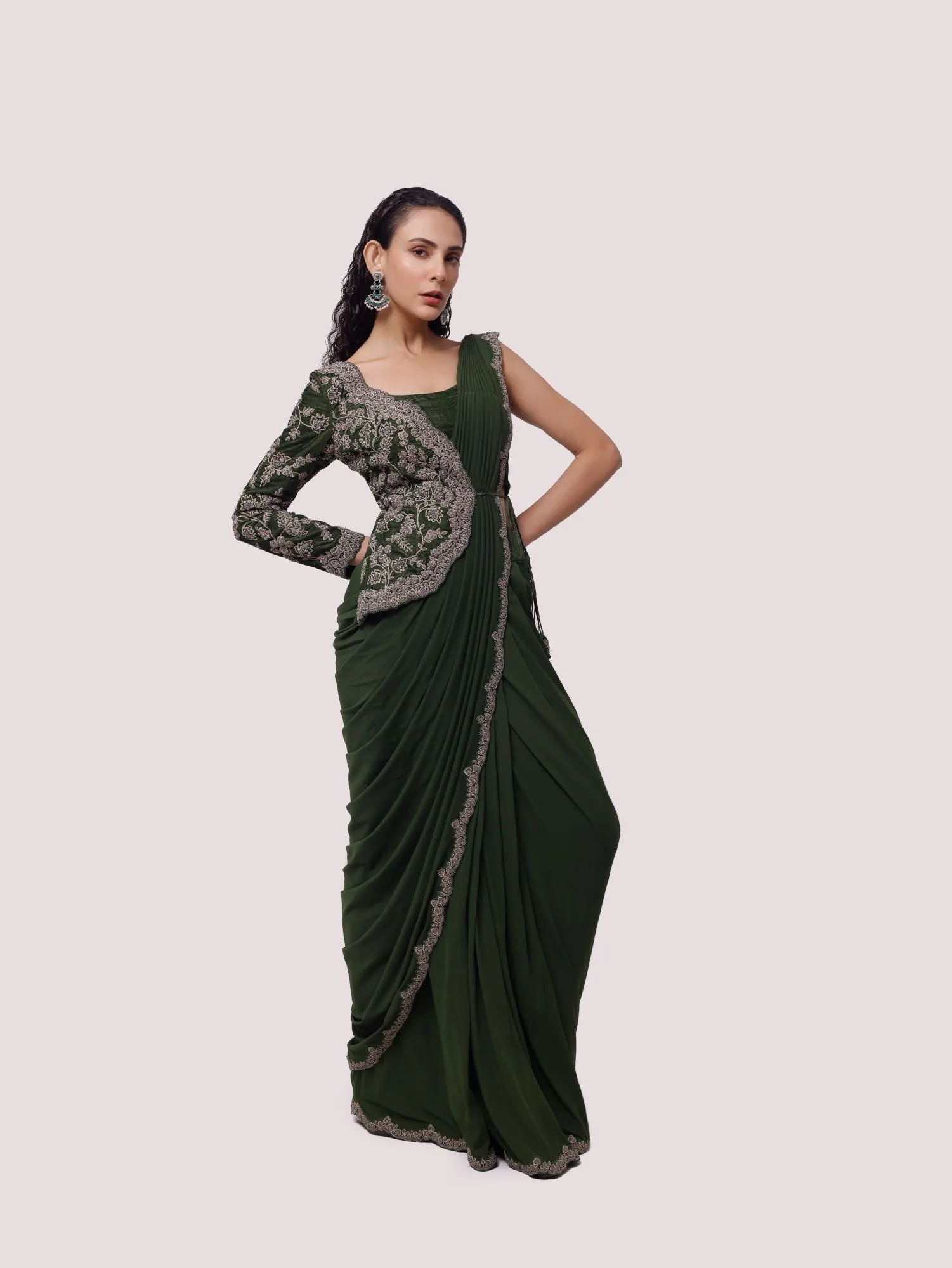 90Z866-RO Olive Green Embroidered Pre Stiched Saree Set