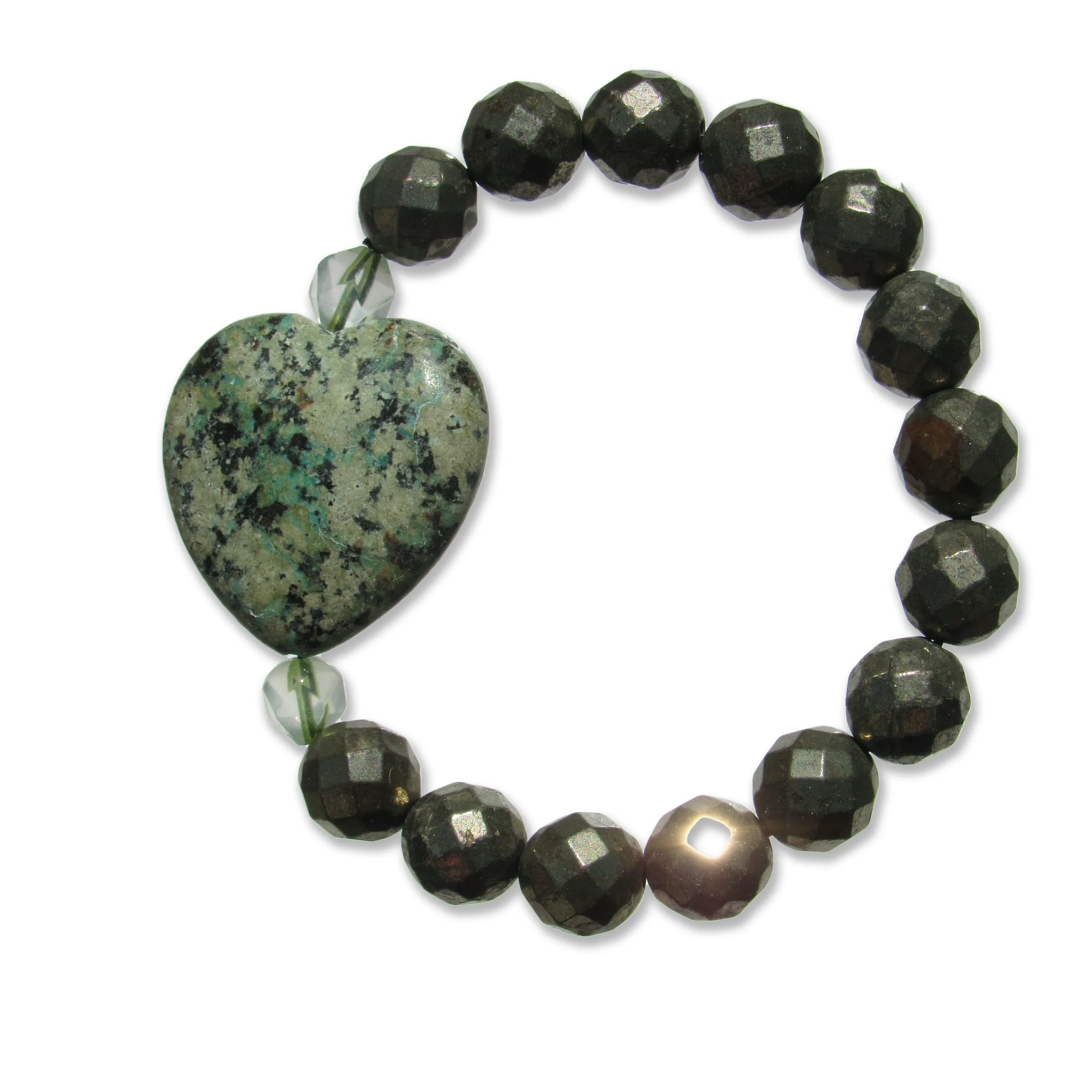 African Turquoise gemstone heart, Pyrite, and Green Topaz beaded bracelet