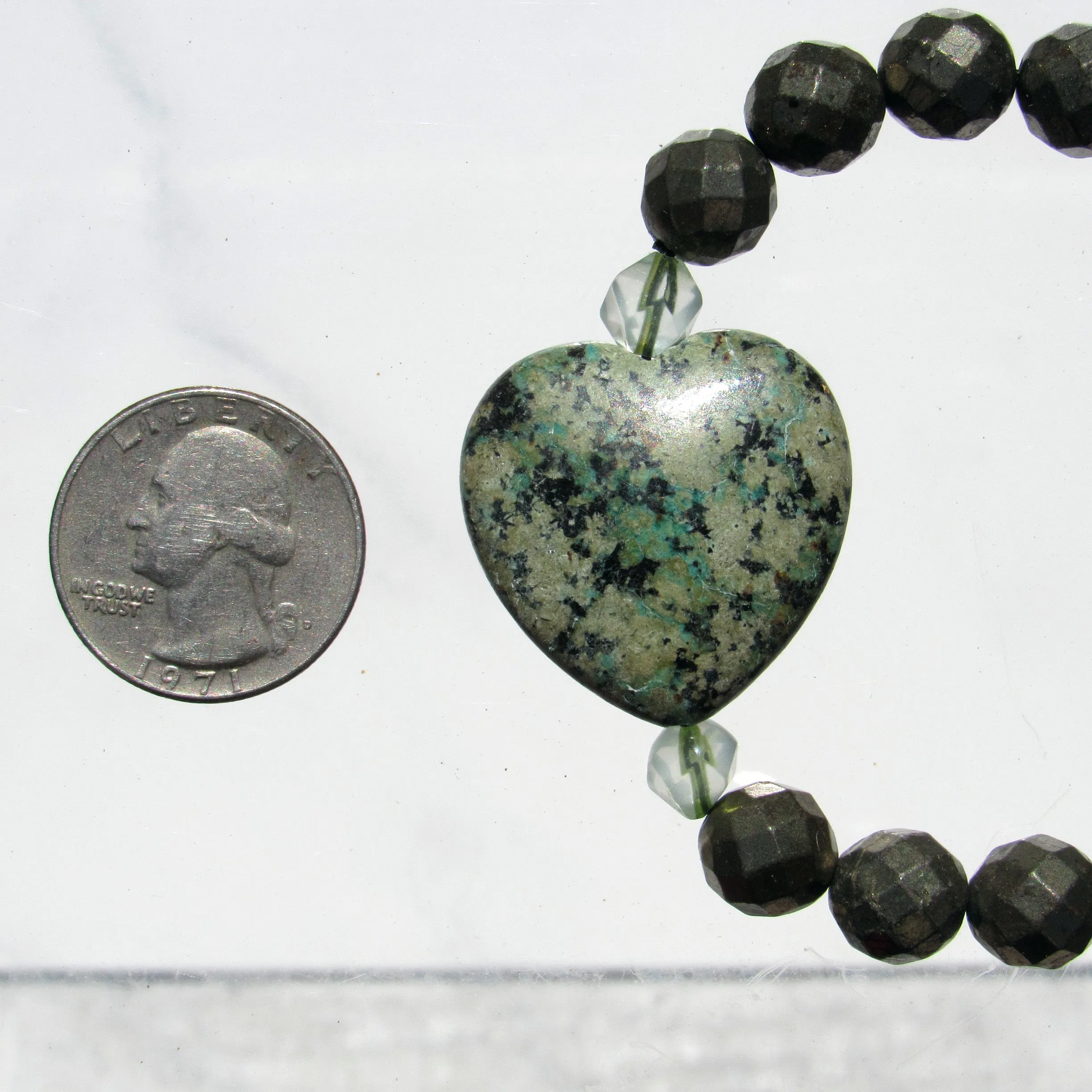 African Turquoise gemstone heart, Pyrite, and Green Topaz beaded bracelet