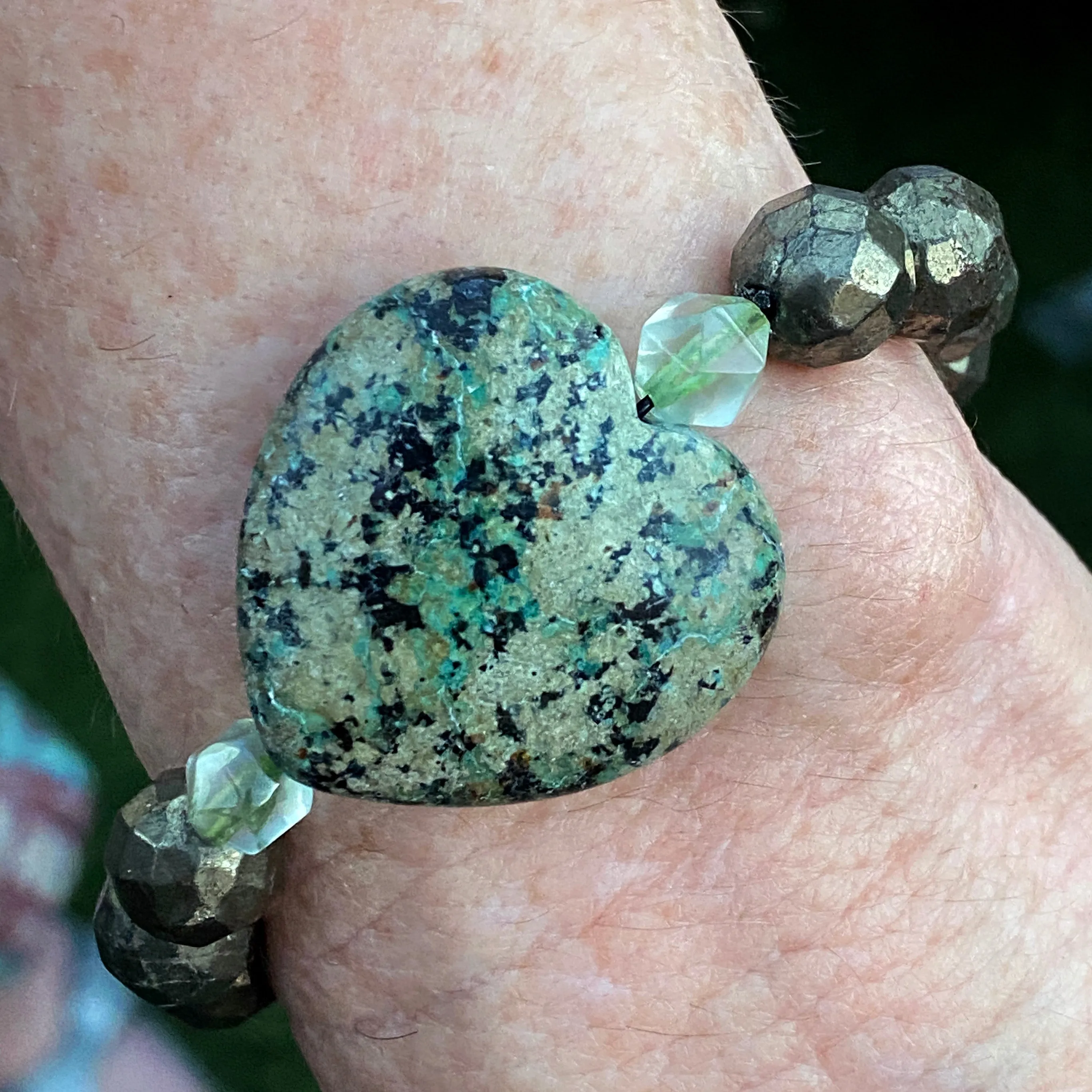 African Turquoise gemstone heart, Pyrite, and Green Topaz beaded bracelet