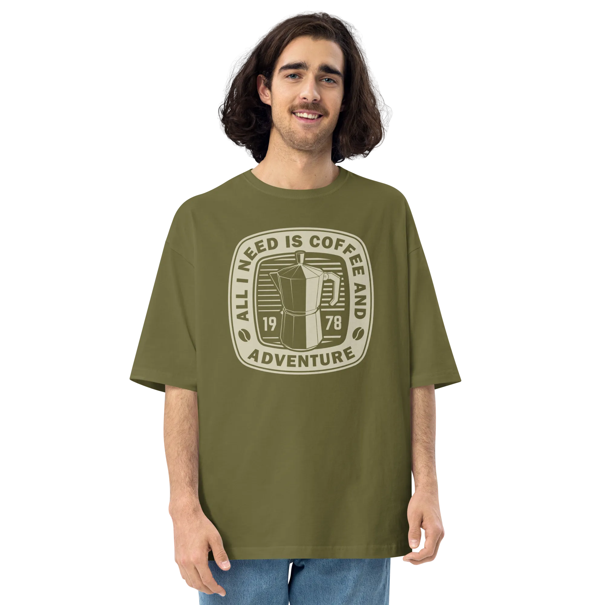 All I Need Is Coffee And Adventure Front Unisex Oversized T-Shirt