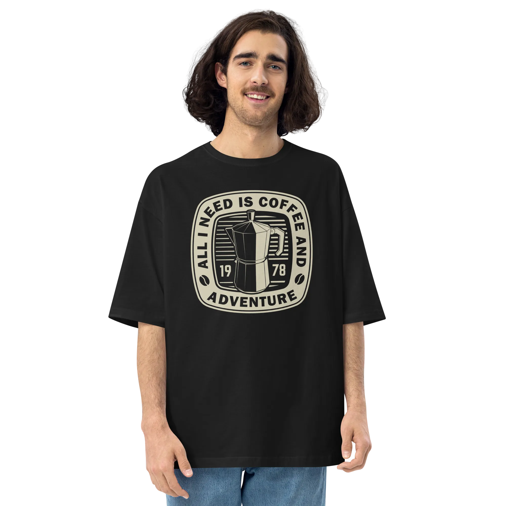 All I Need Is Coffee And Adventure Front Unisex Oversized T-Shirt