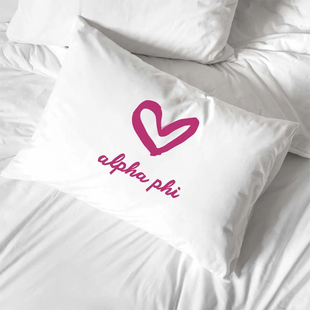 Alpha Phi Sorority Name with Heart Design on Printed Pillowcase