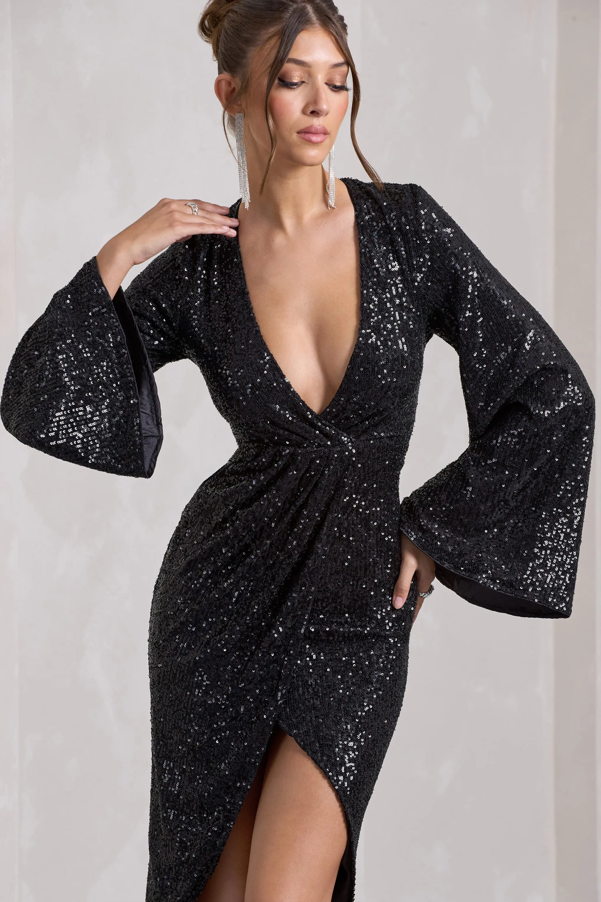 Amber | Black Sequin Plunge Wrap Midi Dress