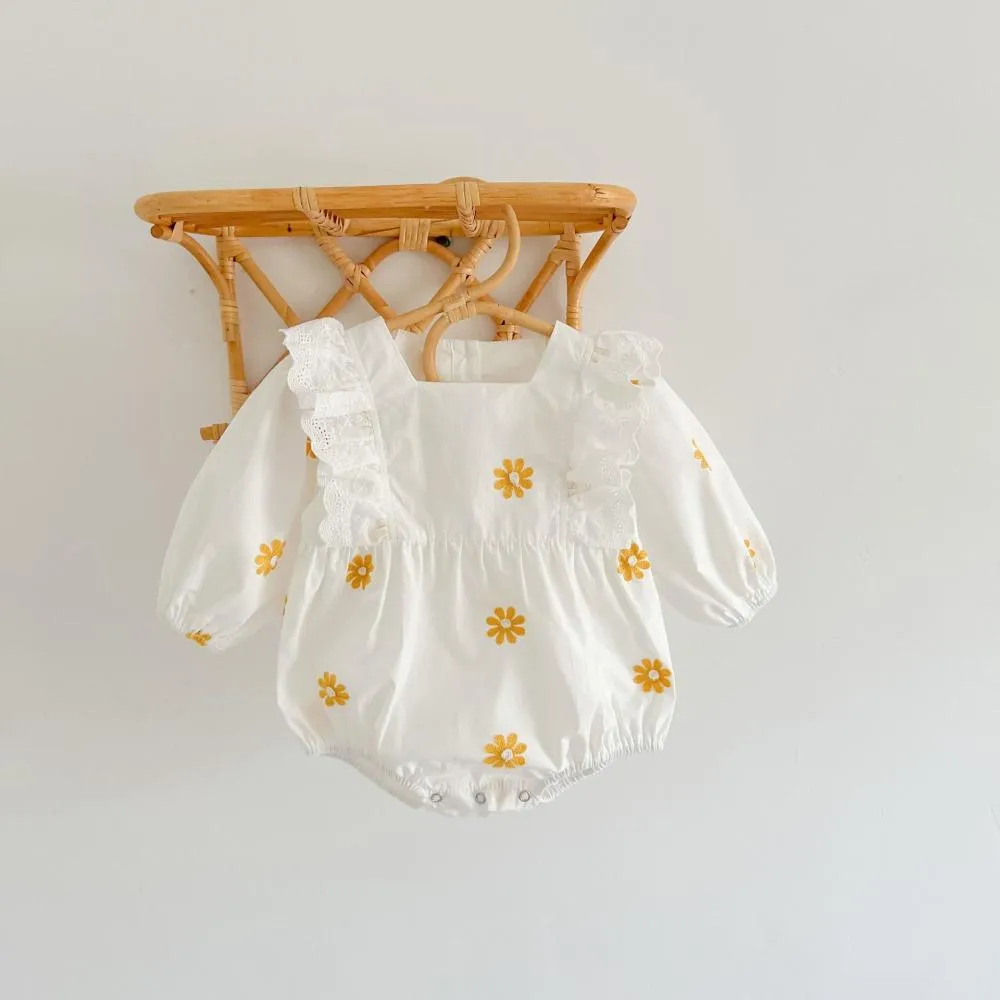 Baby Autumn Daisy Embroidered Romper Wholesale Baby Girls Clothes