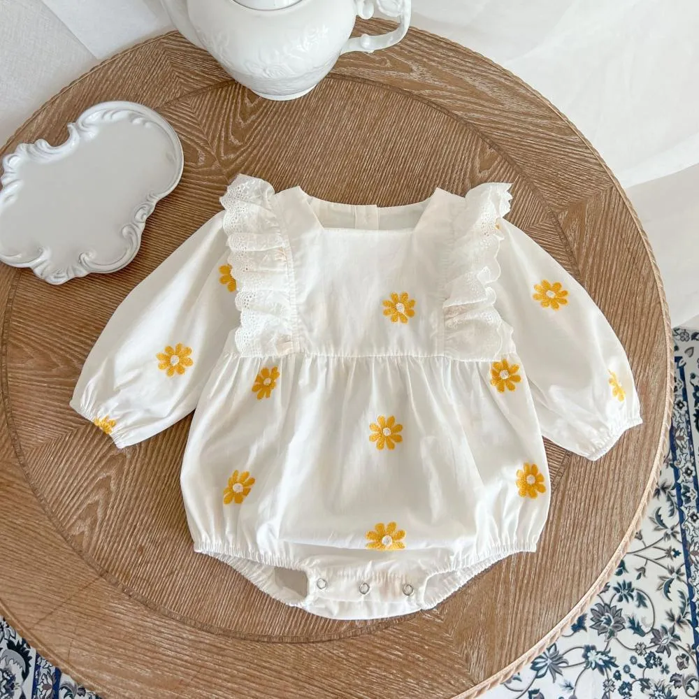 Baby Autumn Daisy Embroidered Romper Wholesale Baby Girls Clothes