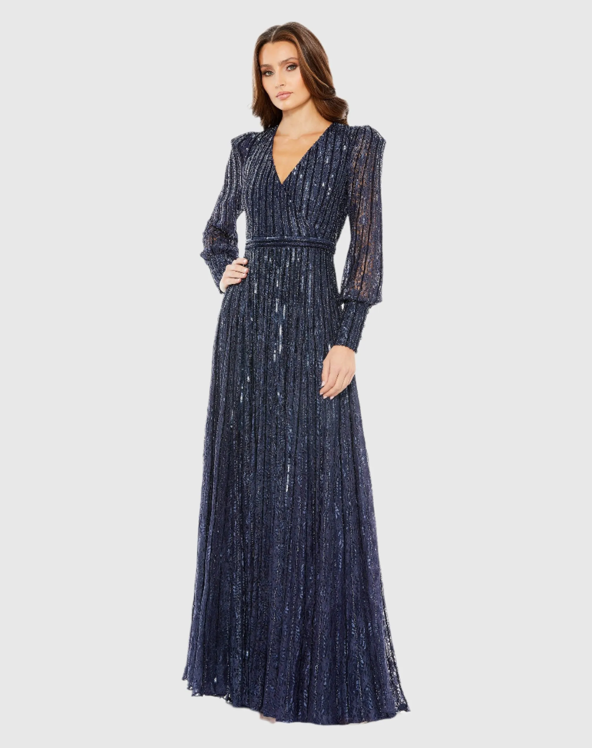 Beaded Lace Long Sleeve Wrap Over Gown