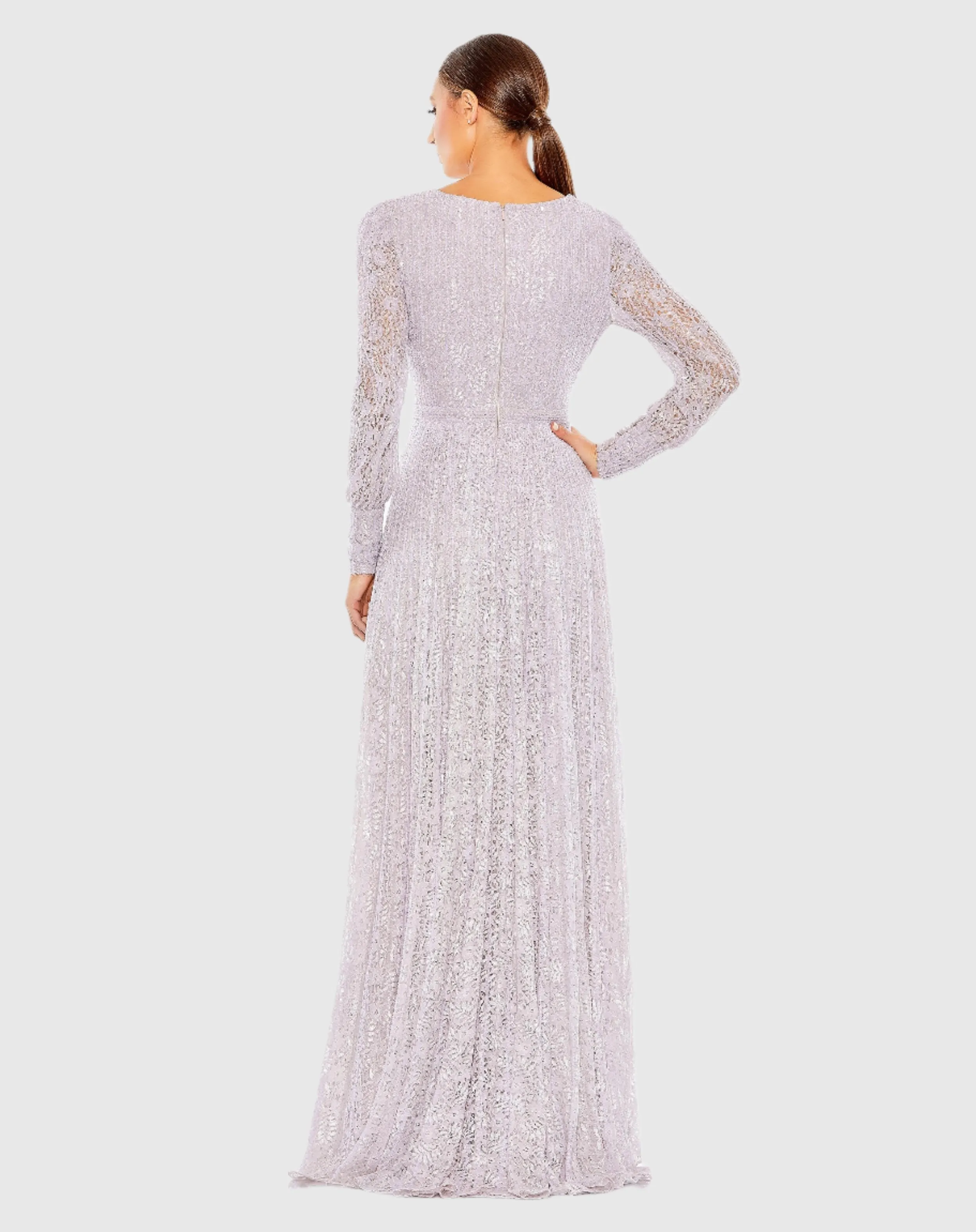 Beaded Lace Long Sleeve Wrap Over Gown