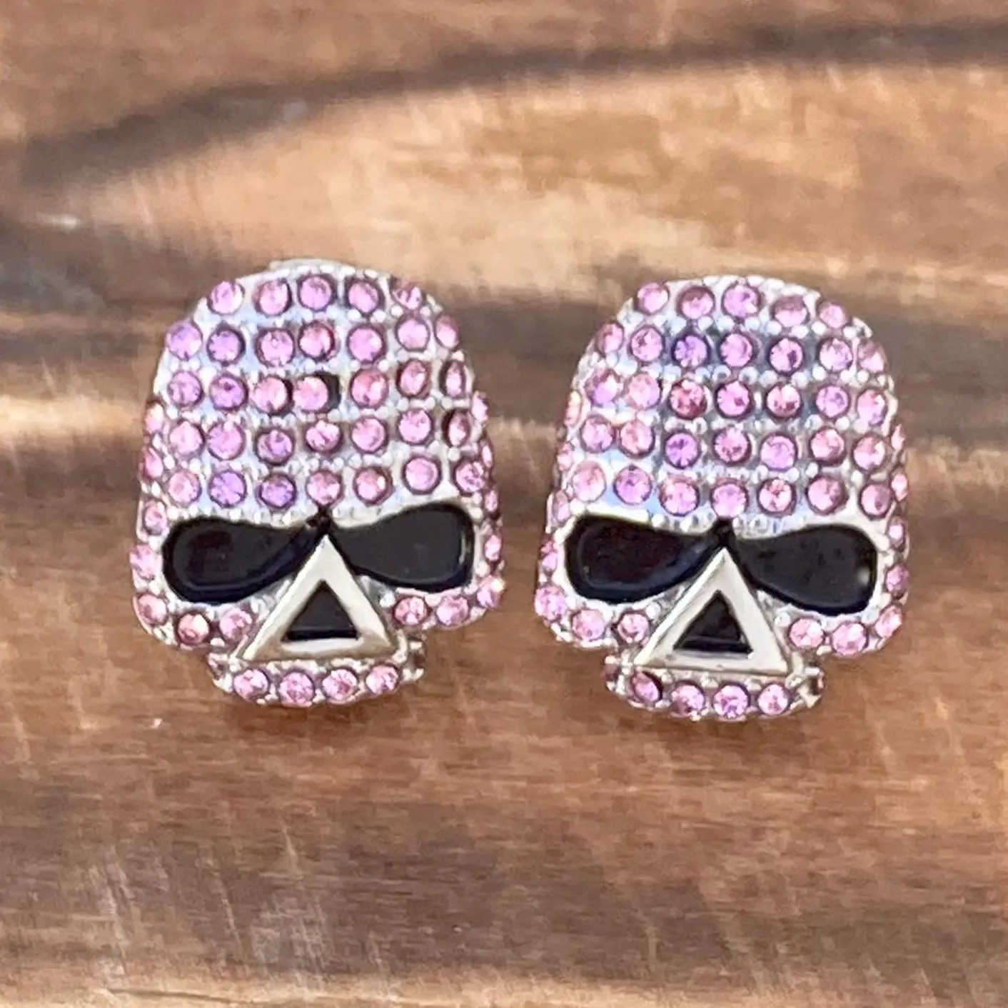 Bling Skull Earrings - Pink Stone - Large Stud - 2596S