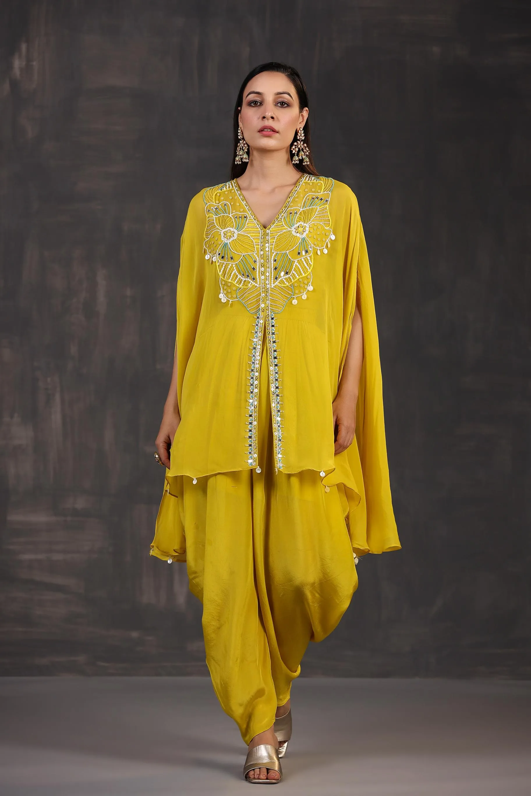 Bright Yellow Embellished Premium Organza Silk Dhoti Set