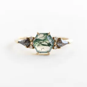 Brooklyn Hexagon Moss Agate Ring With Salt Pepper Kite Diamonds