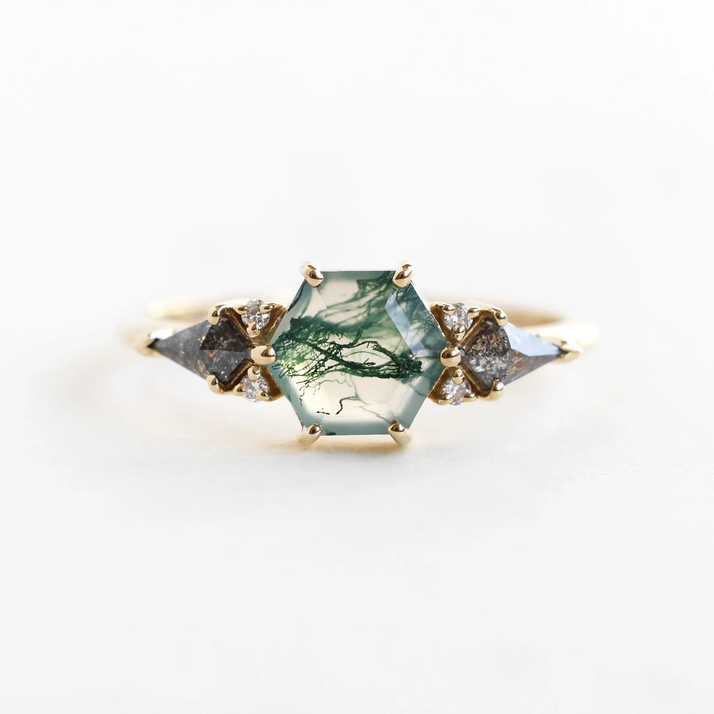 Brooklyn Hexagon Moss Agate Ring With Salt Pepper Kite Diamonds