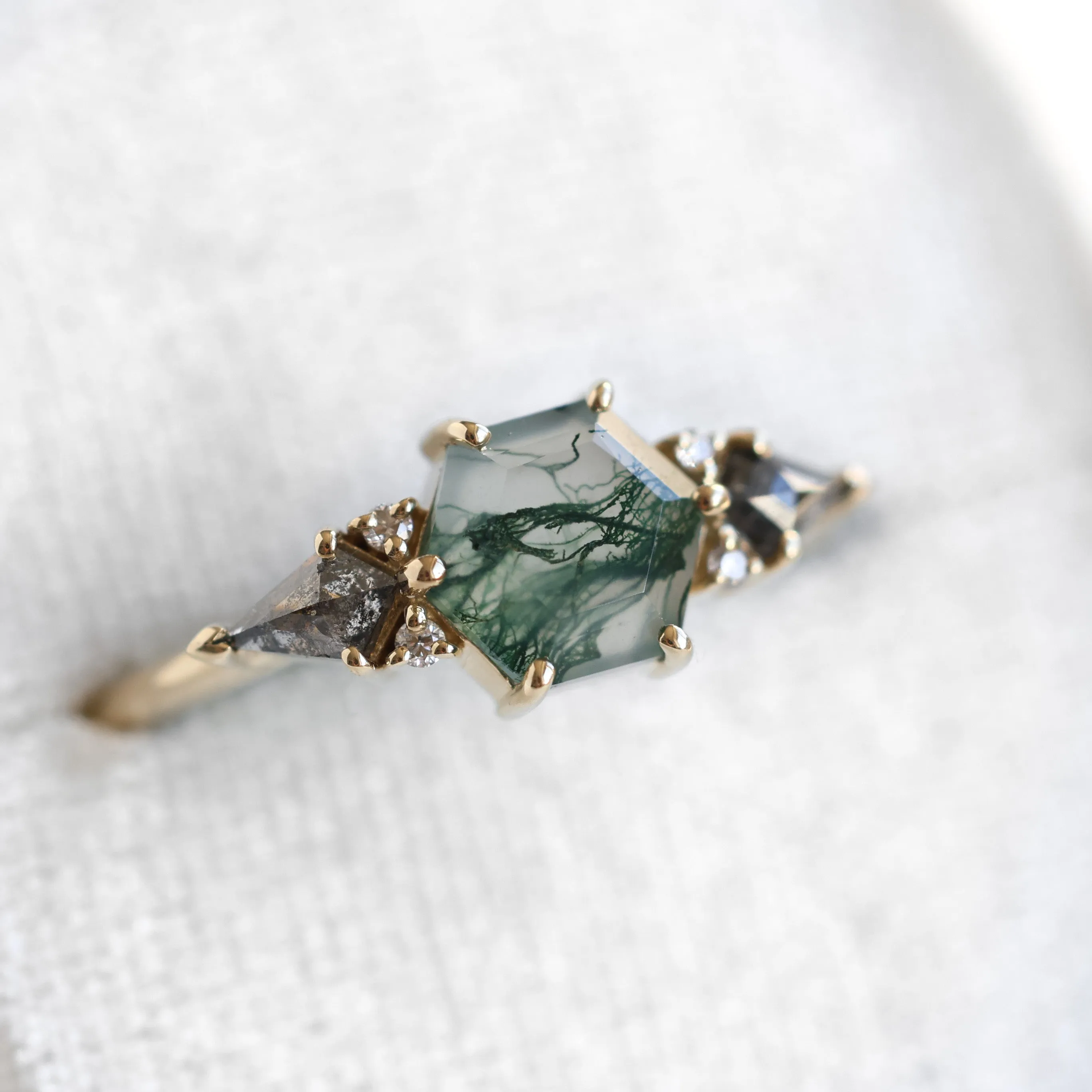 Brooklyn Hexagon Moss Agate Ring With Salt Pepper Kite Diamonds