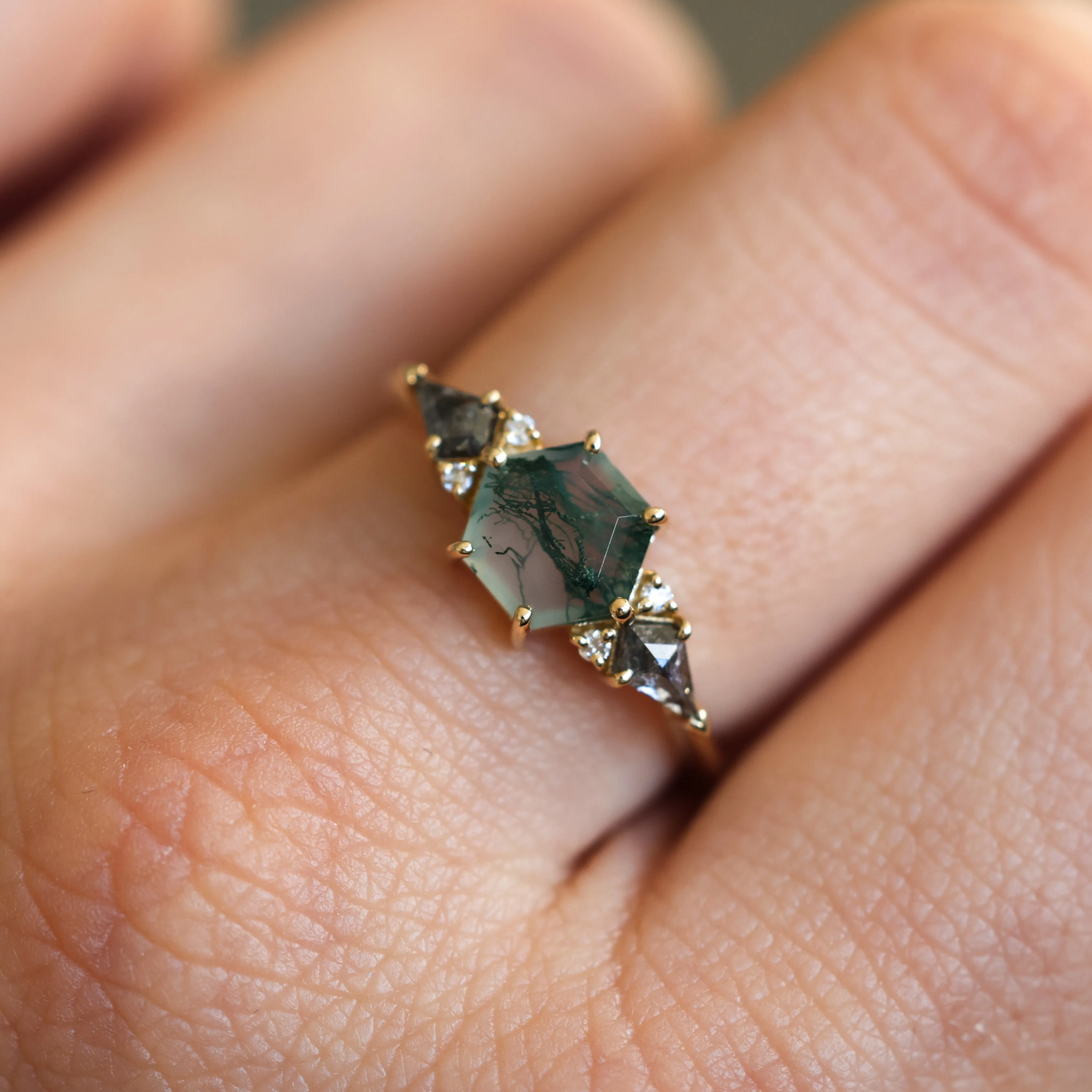 Brooklyn Hexagon Moss Agate Ring With Salt Pepper Kite Diamonds