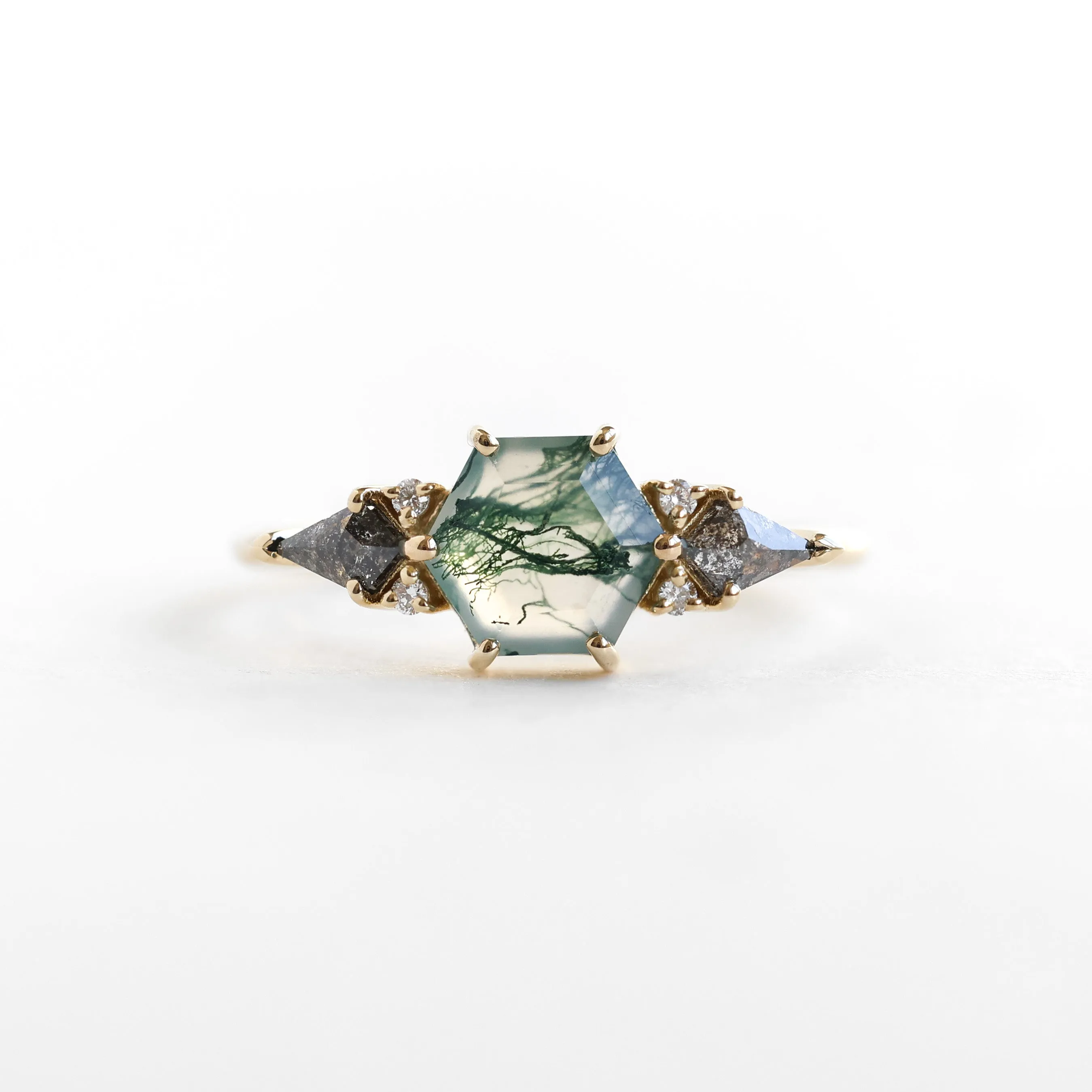 Brooklyn Hexagon Moss Agate Ring With Salt Pepper Kite Diamonds