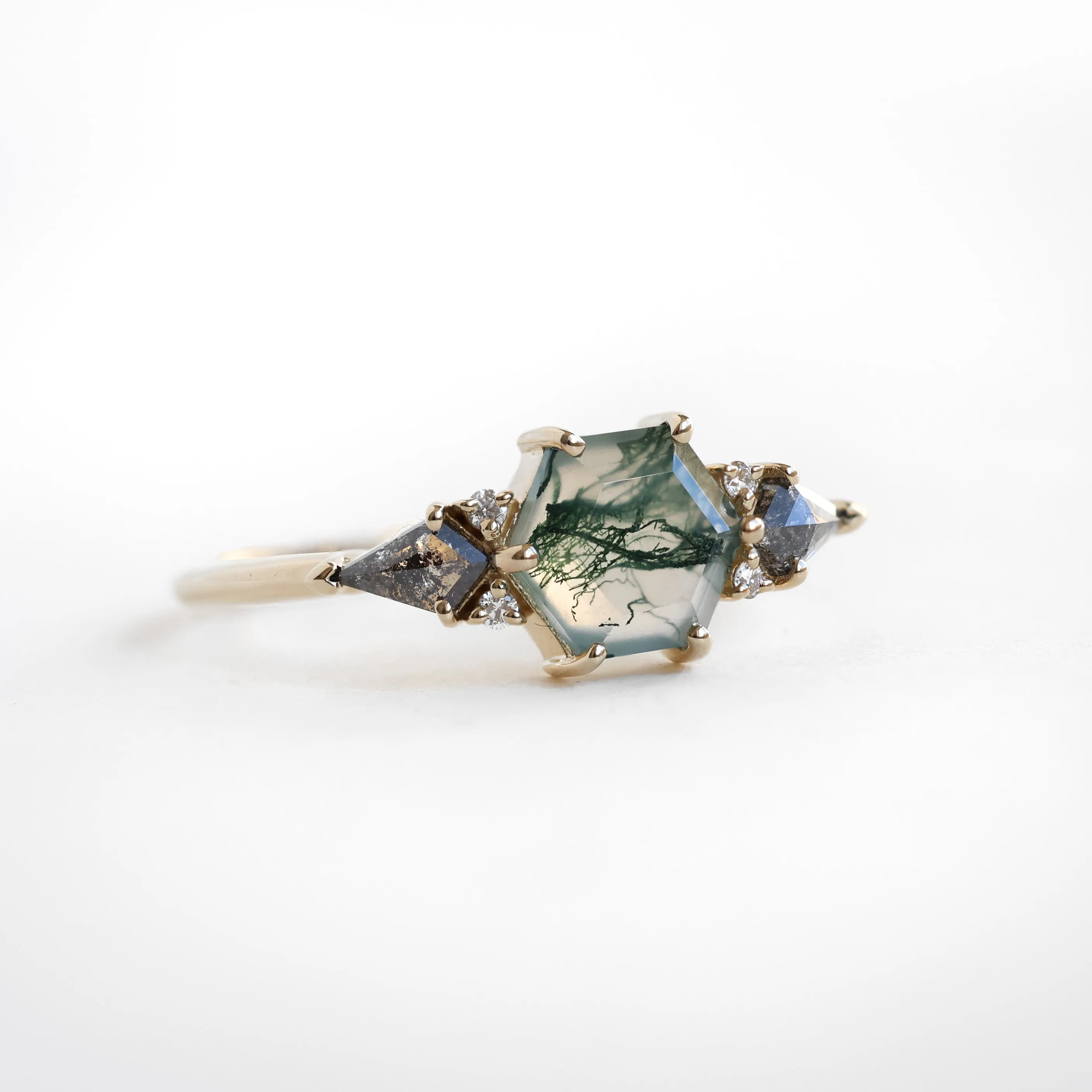 Brooklyn Hexagon Moss Agate Ring With Salt Pepper Kite Diamonds