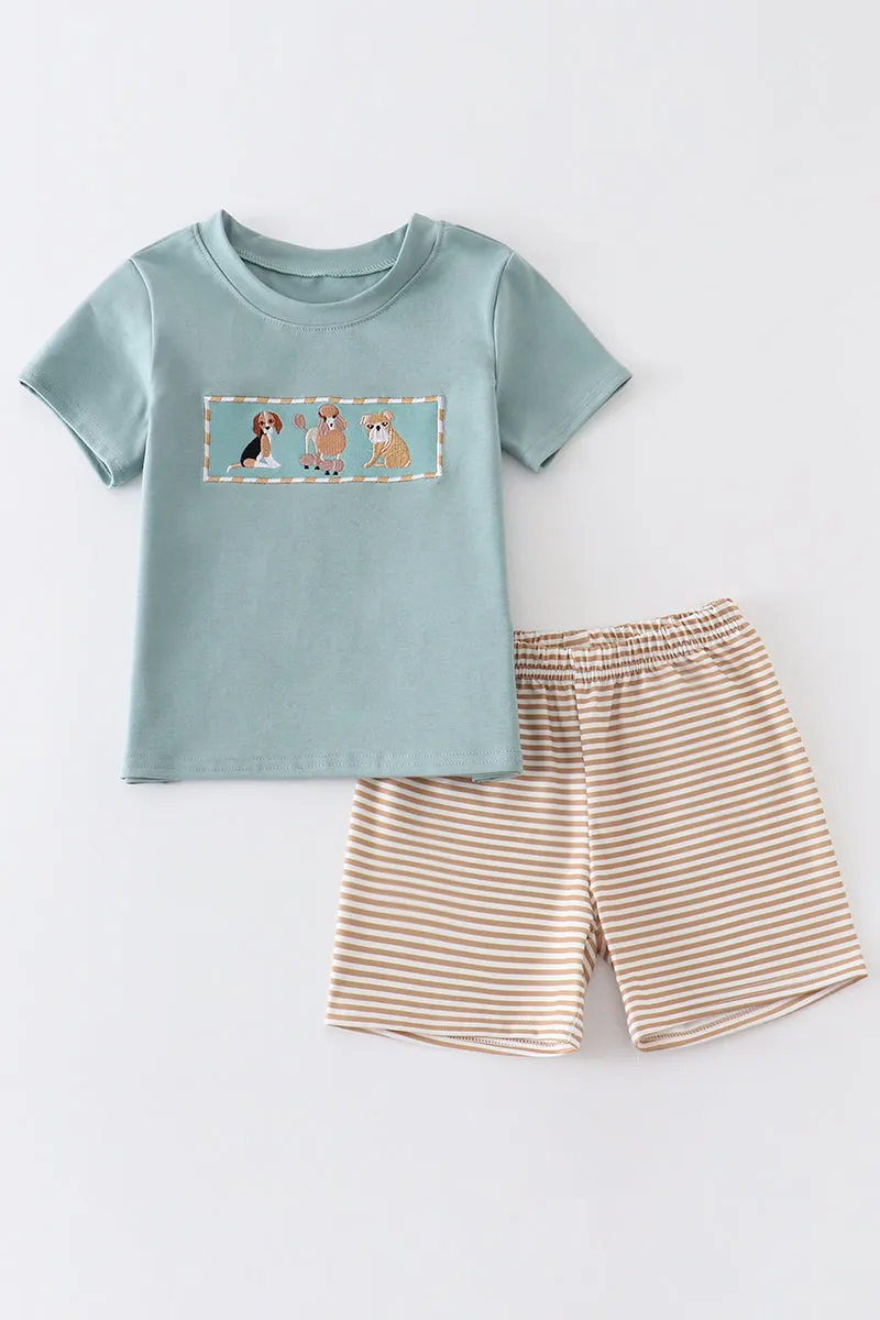 Brown dog embroidery boy set