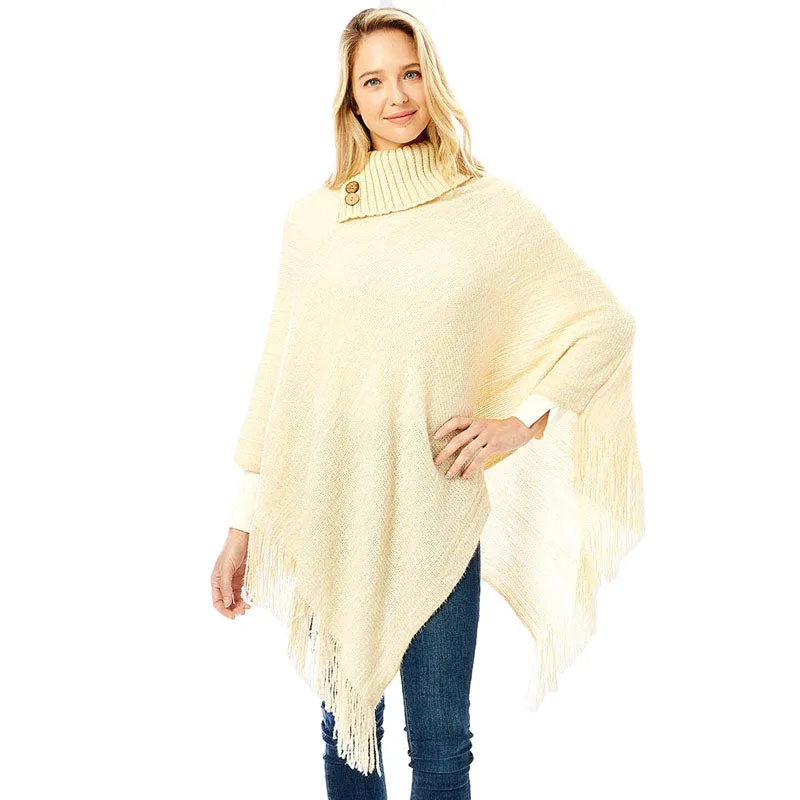 Button Collar Pointed Knitted Foldover Neck Poncho