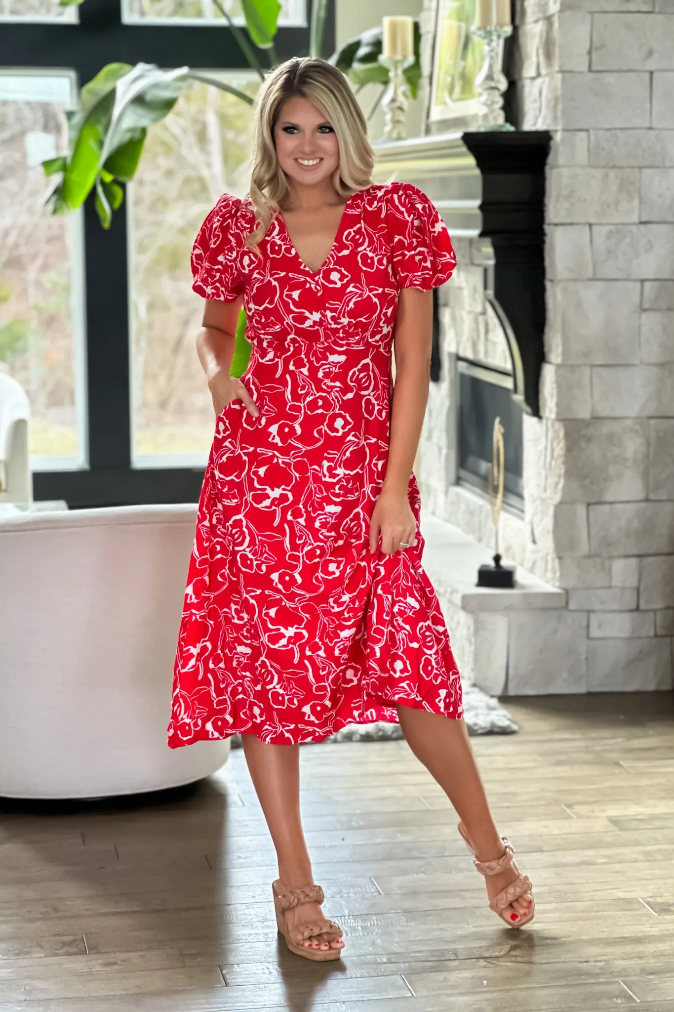 Can't Be Out Done V-neck Printed Dress : Red/White