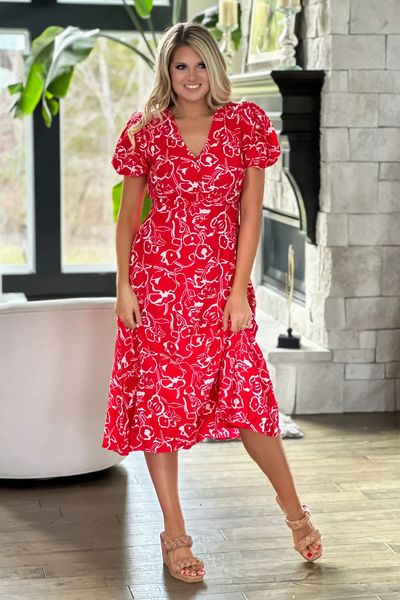 Can't Be Out Done V-neck Printed Dress : Red/White