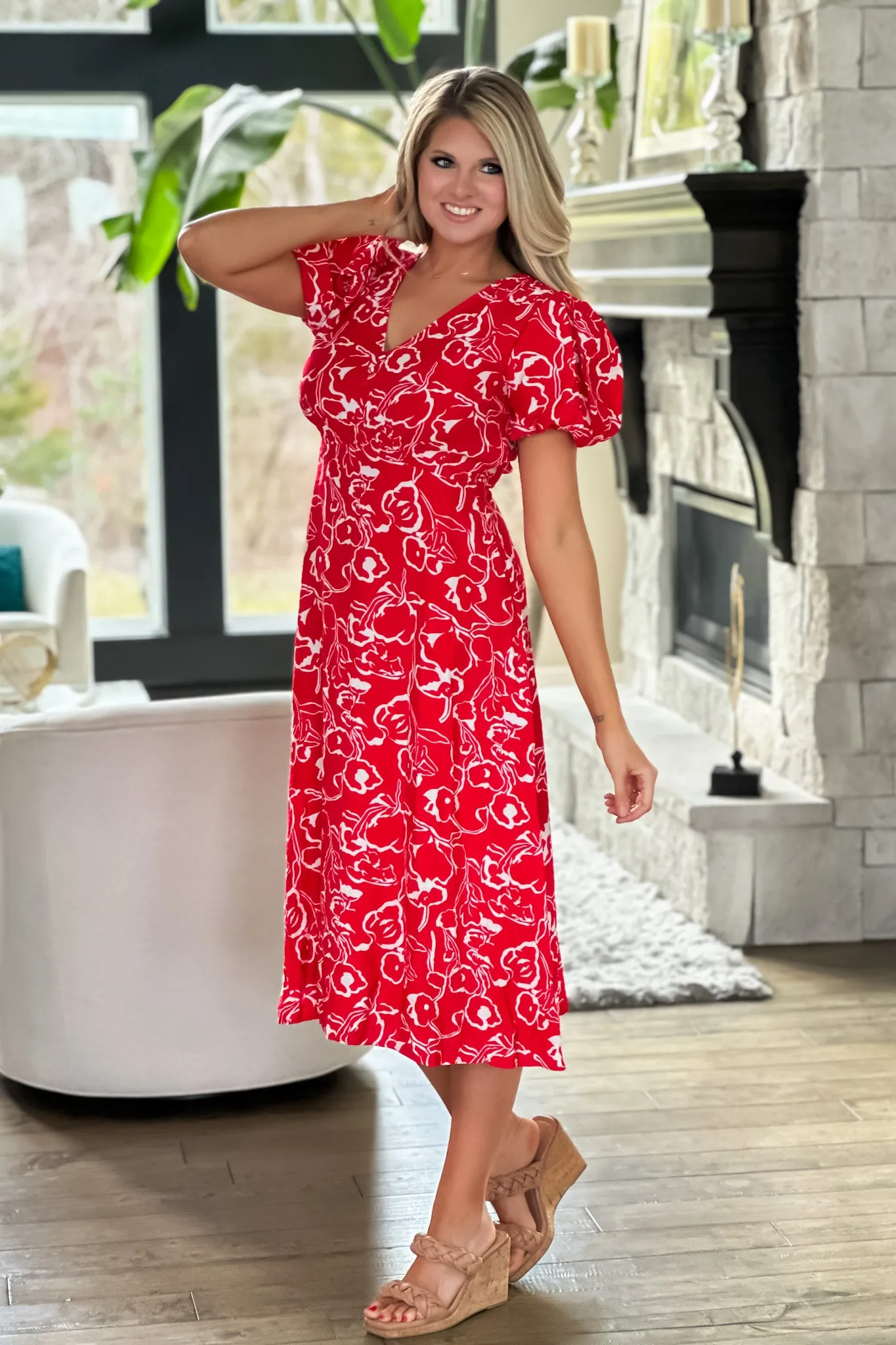 Can't Be Out Done V-neck Printed Dress : Red/White