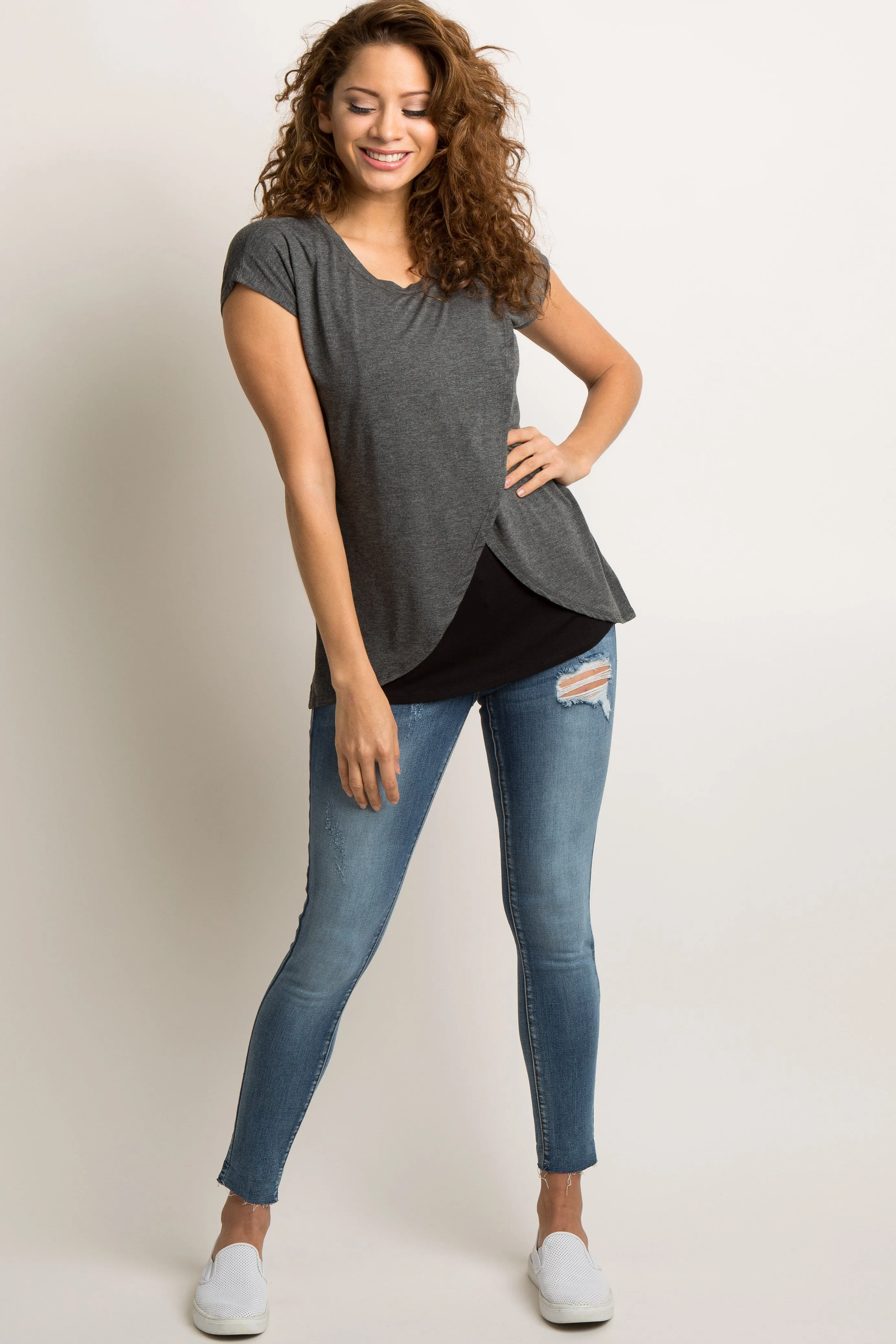 Charcoal Grey Layered Wrap Front Nursing Top