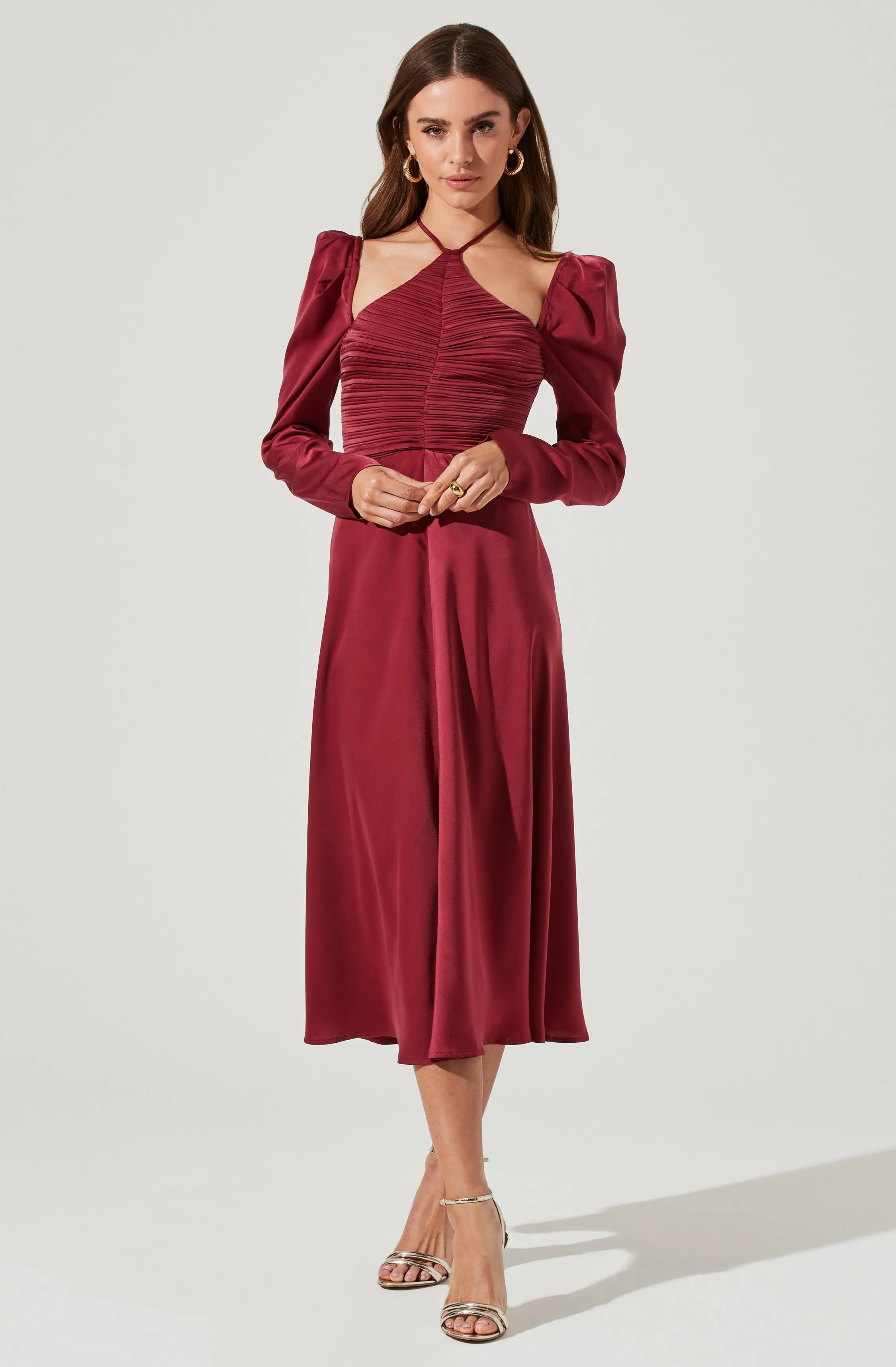 Cinched Halter Tie Satin Midi Dress