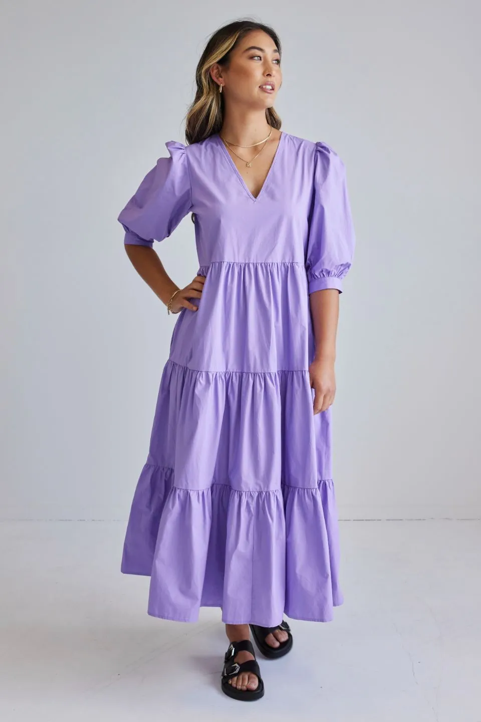 Clarity Lilac Puff Sleeve Tiered Maxi Dress