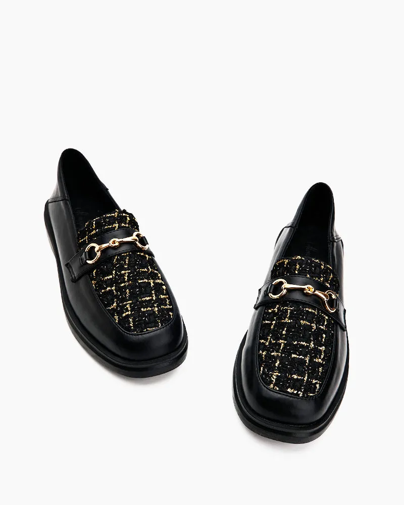 Classic Metal Buckle Plaid Pattern Flat Loafers