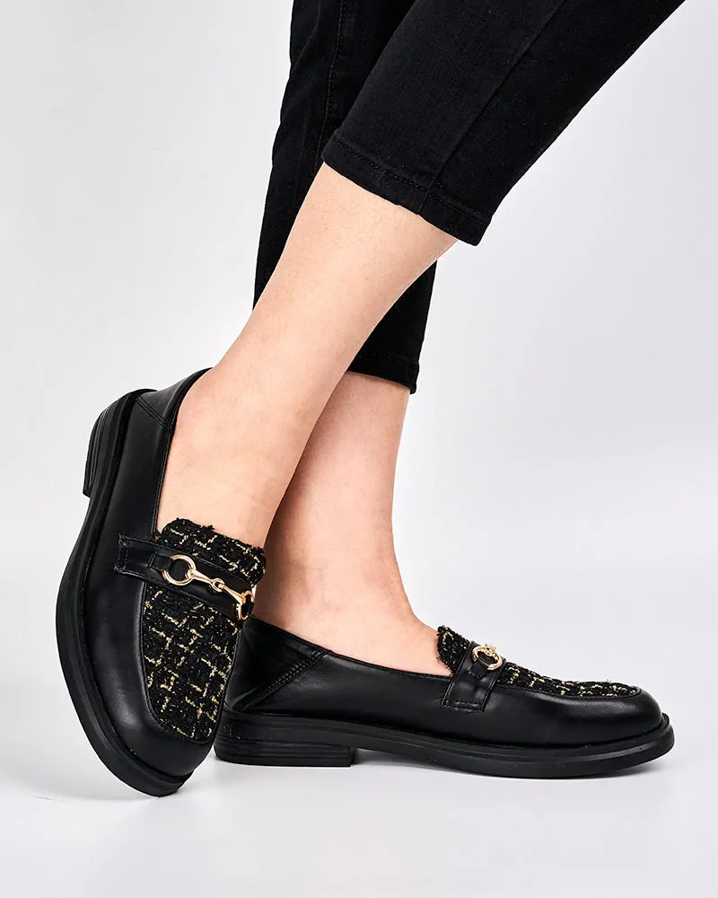 Classic Metal Buckle Plaid Pattern Flat Loafers