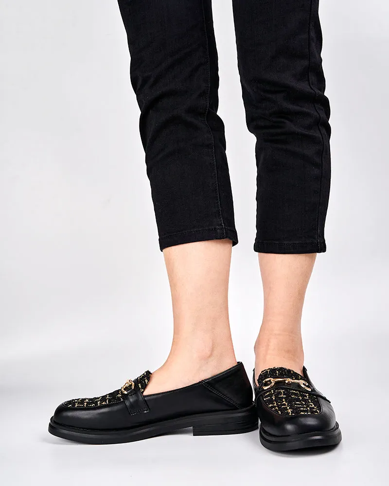 Classic Metal Buckle Plaid Pattern Flat Loafers