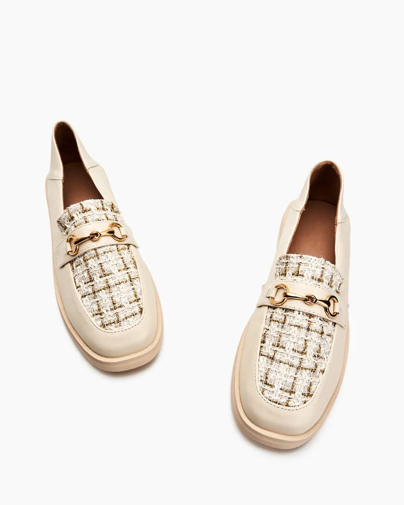 Classic Metal Buckle Plaid Pattern Flat Loafers