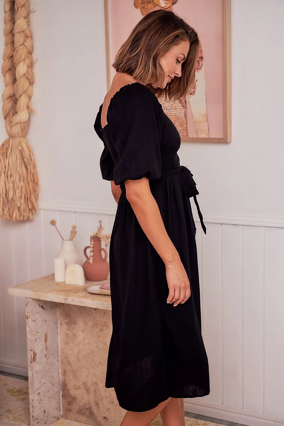 Cora Black Linen Tie Maxi Dress