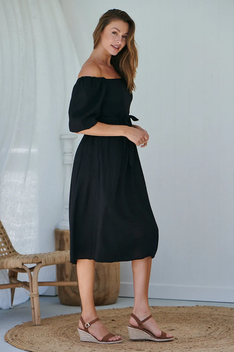 Cora Black Linen Tie Maxi Dress