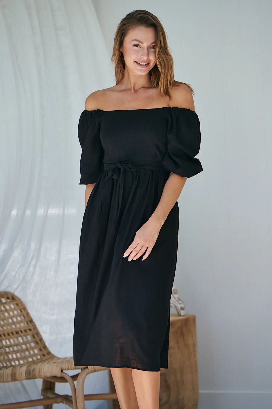 Cora Black Linen Tie Maxi Dress